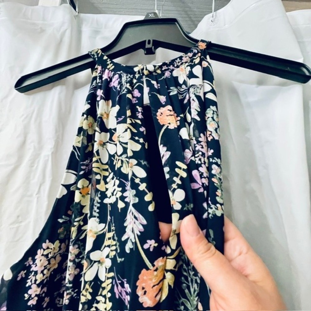 Tahari Arthur S. Levine Navy Floral Halter Smocked Waist Tiered Maxi Dress 16 - Picture 6 of 10
